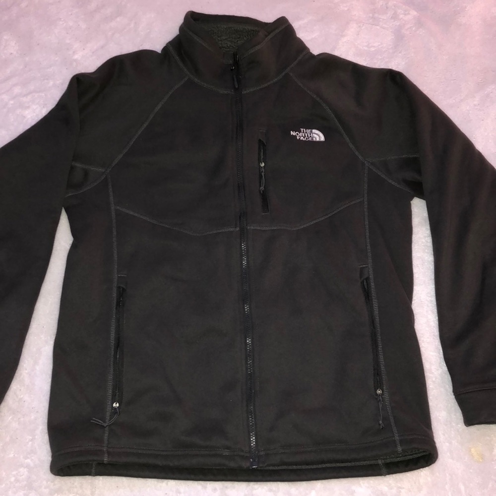 North face, fleece lined jacket, gray, light wear